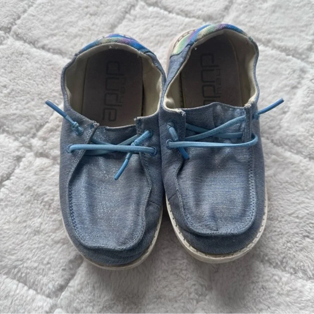Hey Dude | Blue & Rainbow Wendy Youth Sparkle Denim Shoes | Size Y1-L2